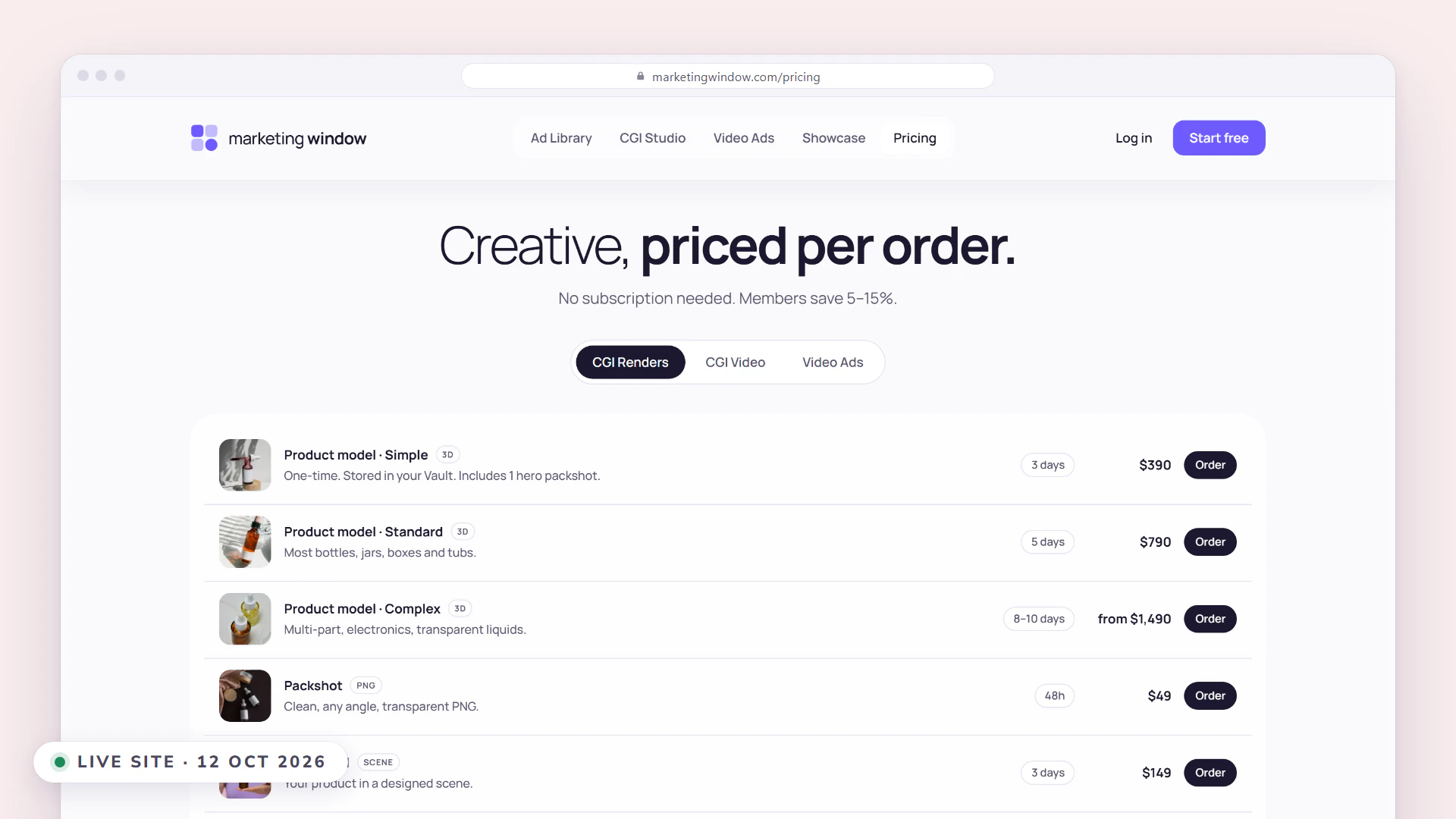 The live Studio menu on the pricing page: CGI render services listed with their lead times and prices