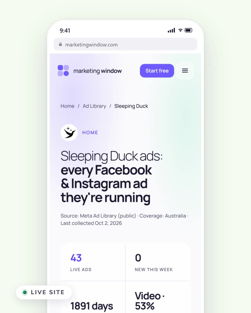 The live Sleeping Duck brand page on a phone: live ads, longest running ad and top format