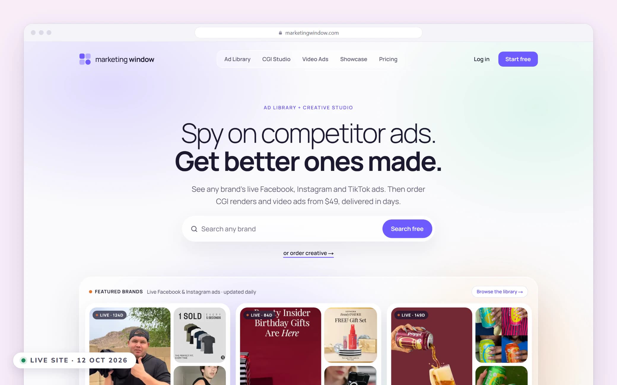 The live Marketing Window home page in a browser: a search box for any brand, above featured brands and their current ads
