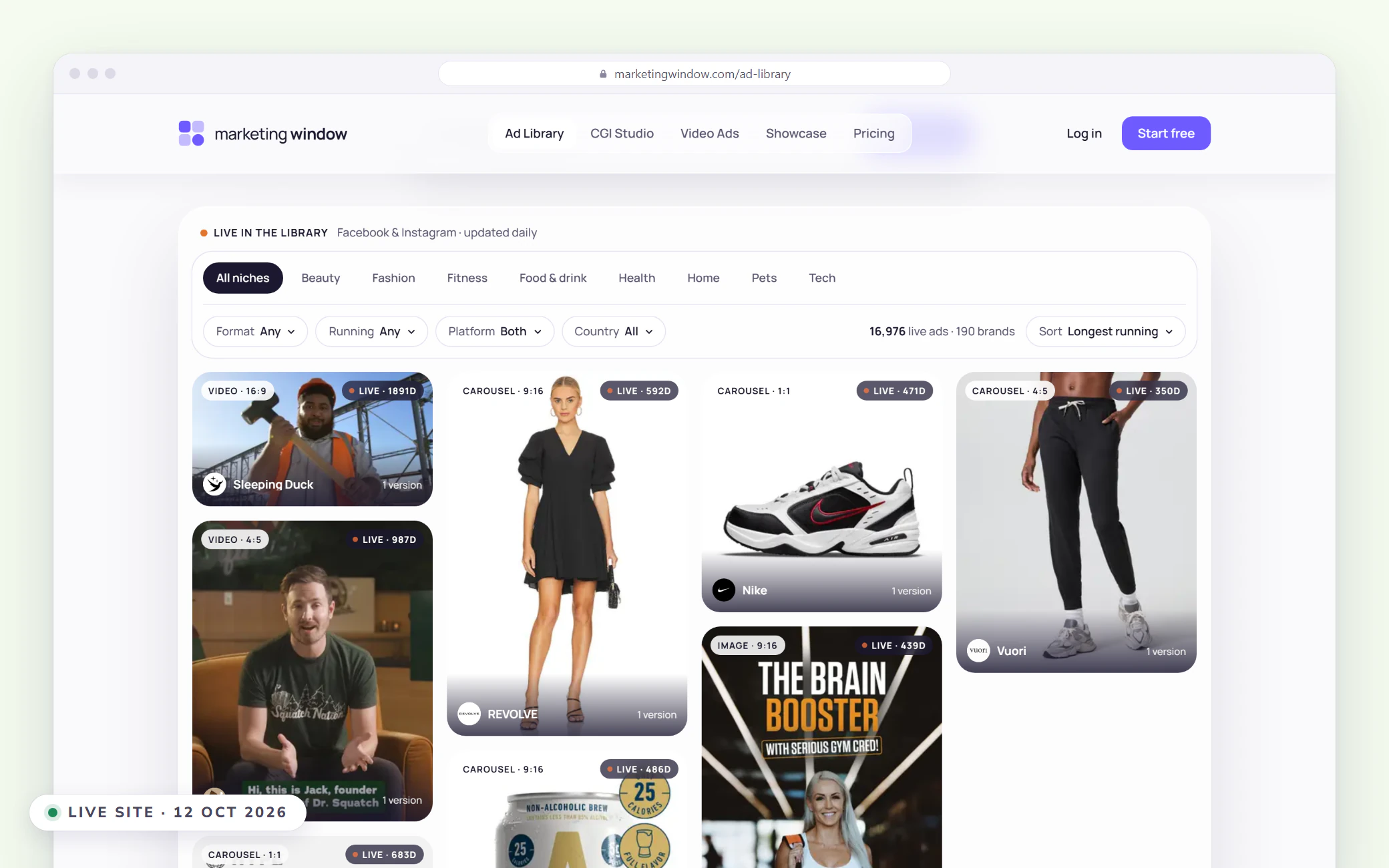 The live ad library, filtered by niche, format, platform and country, with each ad showing how long it has run