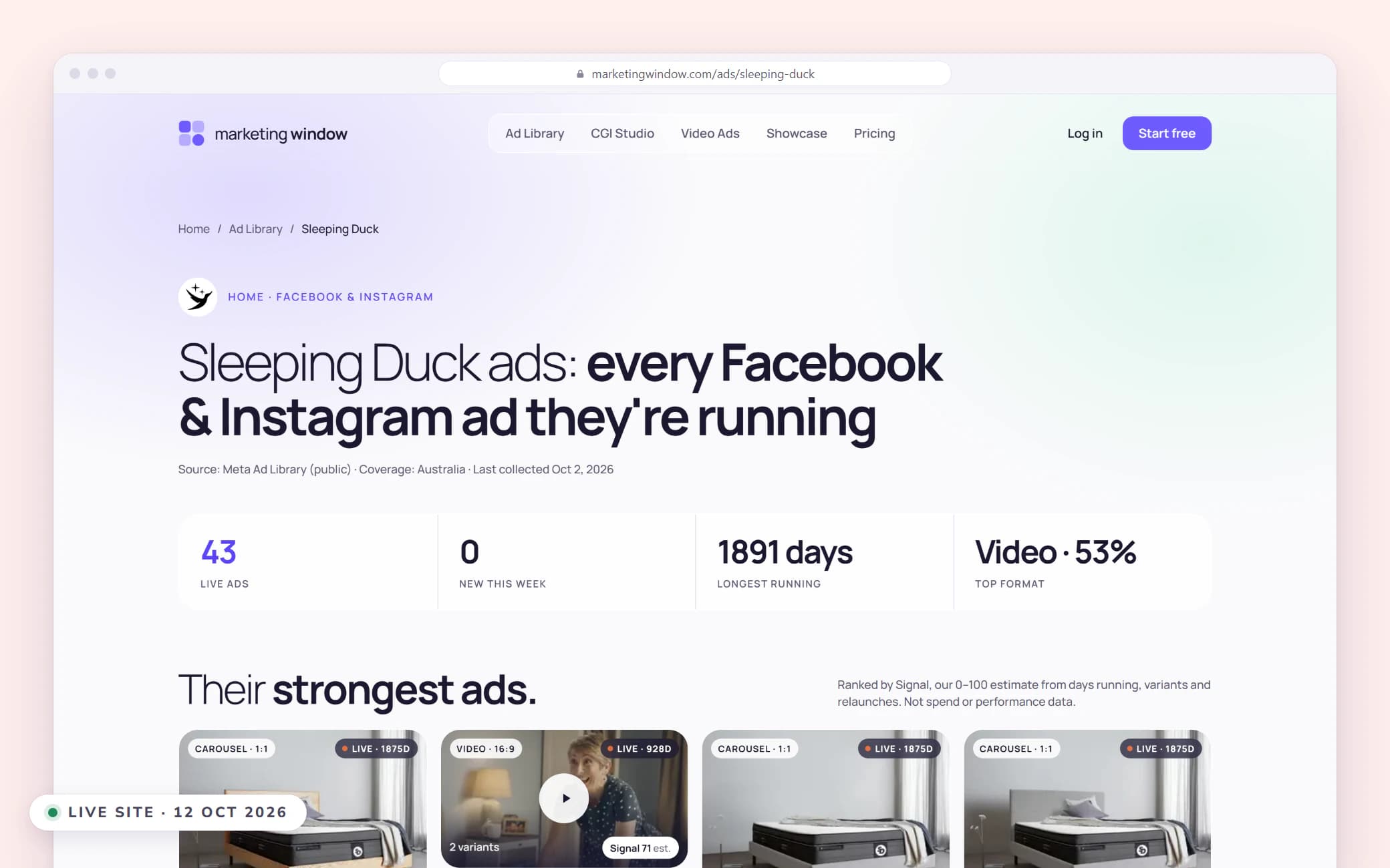 A live brand page for Sleeping Duck: live ads, longest running ad, top format, and its strongest ads ranked by Signal