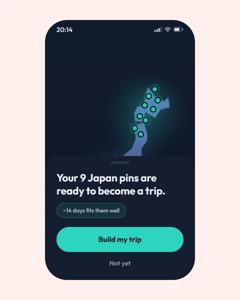 Nine pins in Japan, and the prompt offering to make them a trip