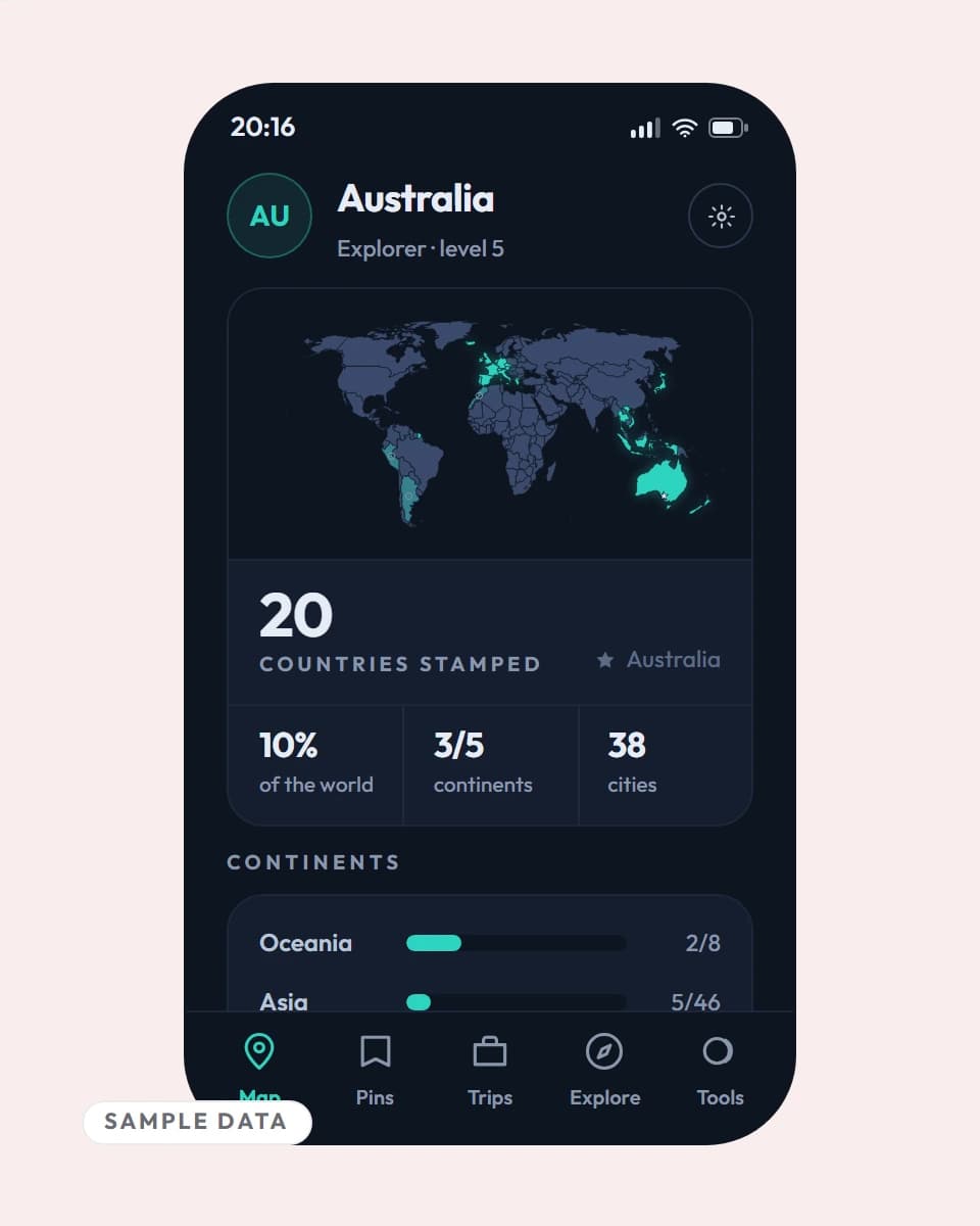 The stats screen: countries, cities and days away