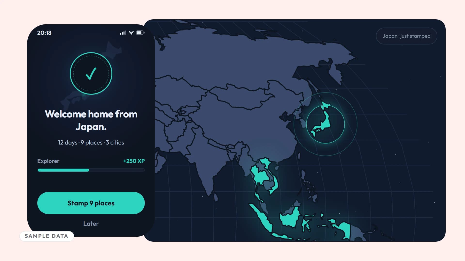 The end of trip screen, with the map filled in