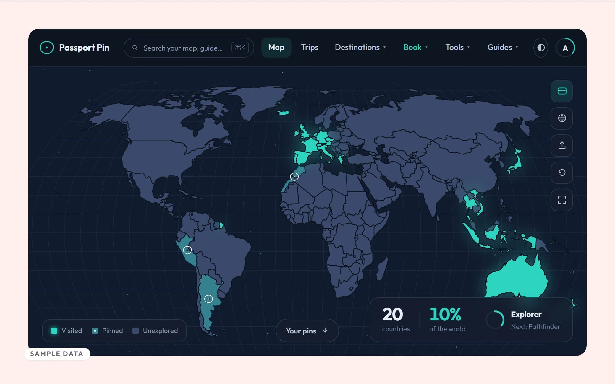 The world map, filling in country by country as visits are logged