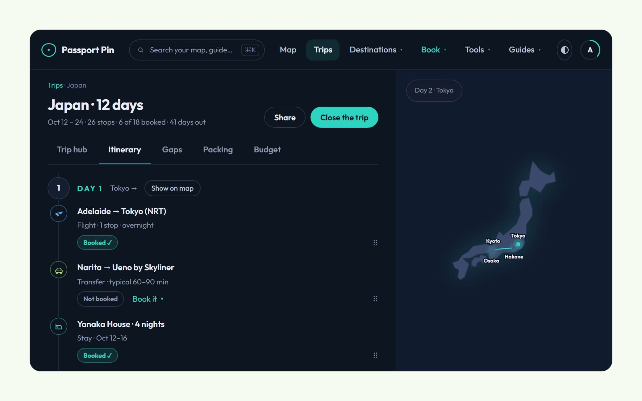 A generated day by day itinerary, one card per stop